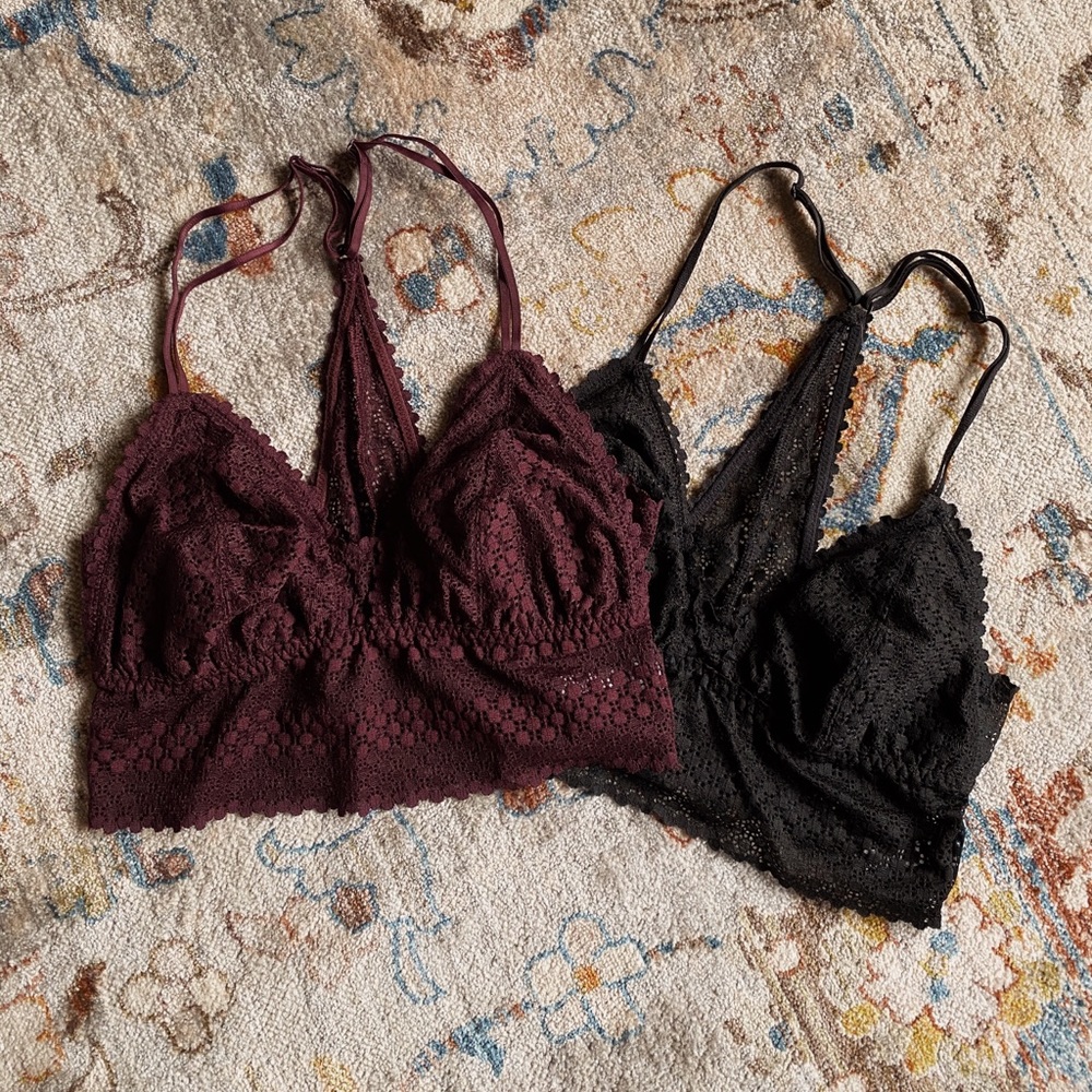 Aerie Black/Maroon Lace Halter Bralettes (S).
